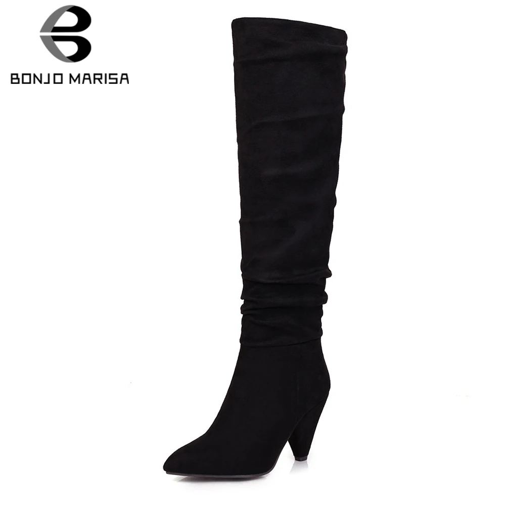 

BONJOMARISA 35-47 Lady Fashion Leopard Boots Pointed Toe Knee High Boots Women 2020 Sexy High Heels Shoes Woman
