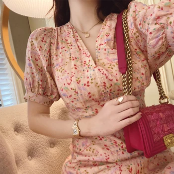 

Summer women's dress casual flower print V-neck short-sleeved slim dress
