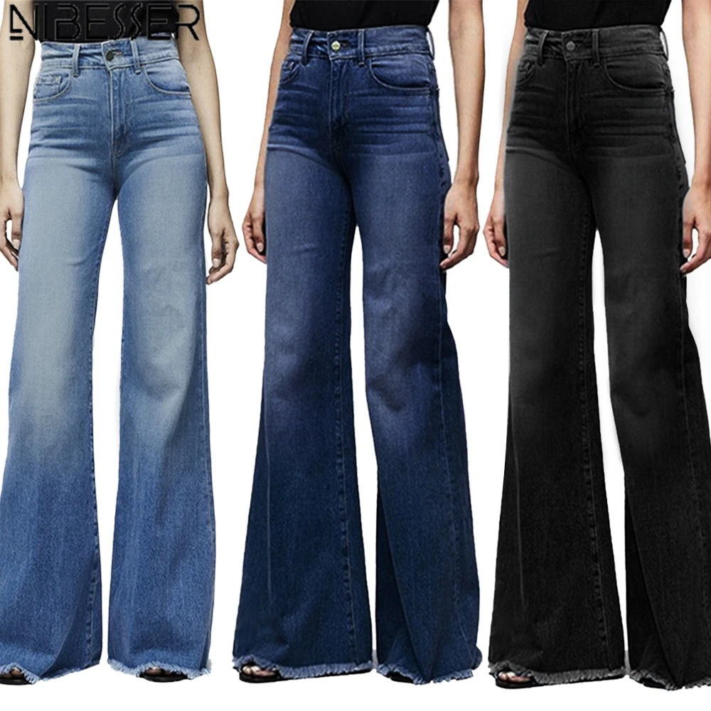 NIBESSER, модные широкие джинсы для женщин, повседневные длинные джинсовые штаны с высокой талией, повседневные женские расклешенные брюки, джинсы размера плюс