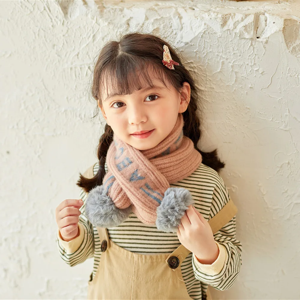 

New Kids Winter Scarf Pompom Baby Scarf Boys Girls Warm Neck Scarves Knitting with Fur Ball Neckerchief foulard echarpe B032