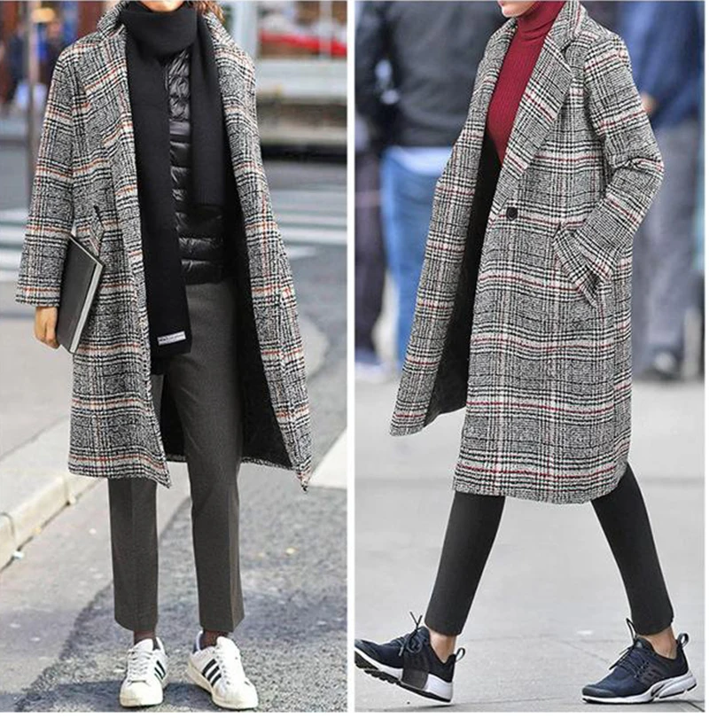 Женское пальто больших размеров 5XL, клетчатое шерстяное пальто, осенне-зимние двубортные Длинные куртки с длинным рукавом, верхняя одежда, пальто