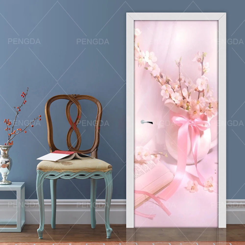 3D дверь стикер DIY домашний декор розовый цветок печать художественная картина наклейки самоклеющиеся обои водоотталкивающие обои ремонт спальни
