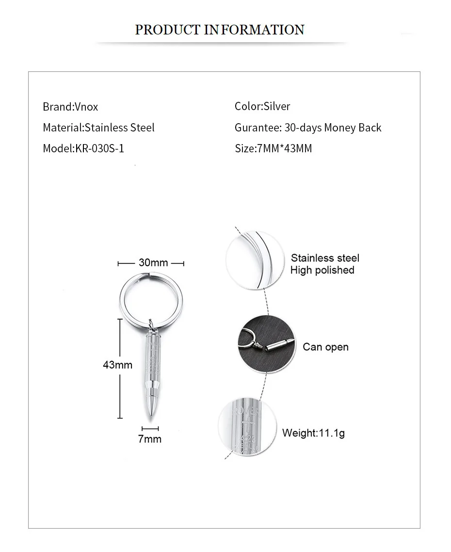 Vnox Stylish Mens Car Key Chains with Bullet Design Can Be Opened Stainless Steel Cross Bible Male Accessory