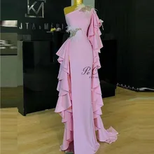 PEORCHID розовое платье на одно плечо для выпускного вечера с бисером длинное сексуальное платье с разрезом Vestidos De Graduacion перья Африканское официальное платье