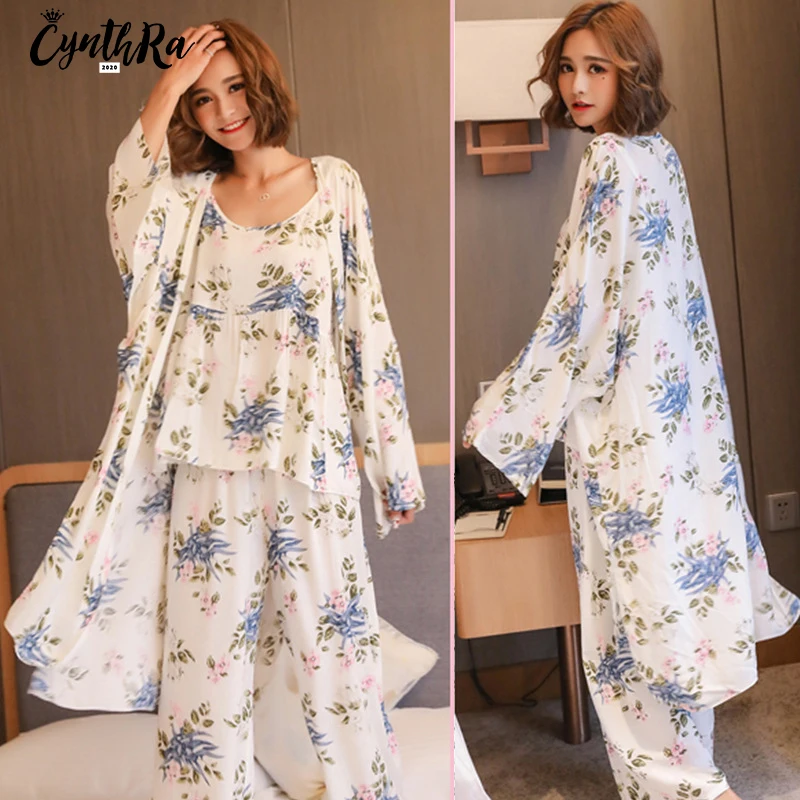 CYNTHRA 3Pcs  New Ladies Pajama Set Man-made Silk Sleepwear  Set Long Sleeve Printed Nightclothes Women Breathable Homewear Top