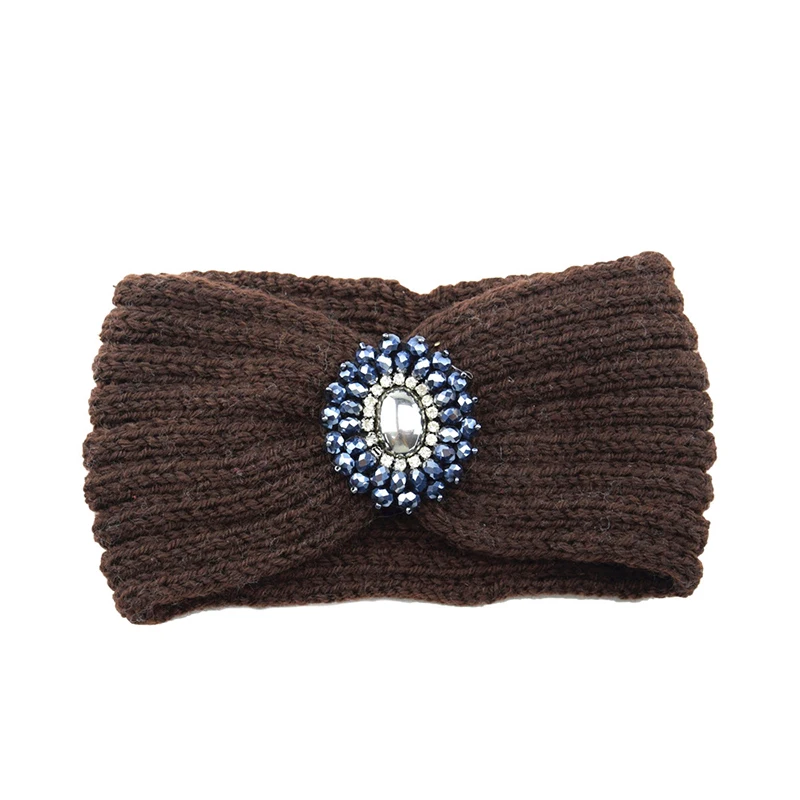 New Women Crystal Flower Headband Crochet Headwrap Casual elastic Hairband Knitting Beanies Turban Winter Knitted Headbands
