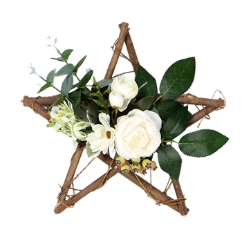 

Hot XD-Artificial Plant Rattan Rose Wreath Wooden Five-Pointed Star Pendant Garlands Home Decor