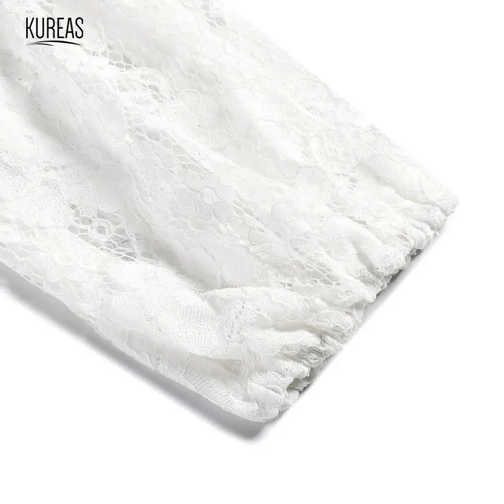 Kureas, женские платья для вечеринок, осень, Сексуальное Кружевное белое платье с крестиком, v-образный вырез, рукав-фонарик, с поясом, тканая одежда
