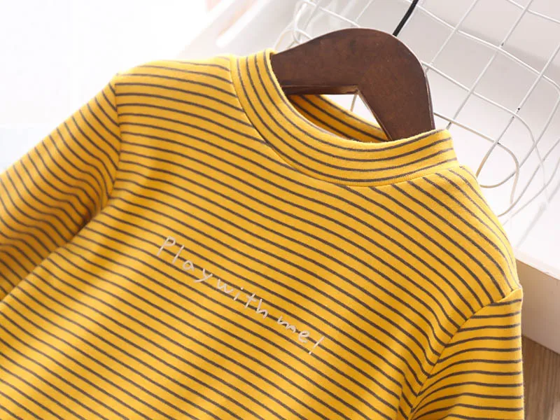 Autumn and Winter Girls' T Shirt Alphabetic Stripes Fleece Children's Clothing Wholesale