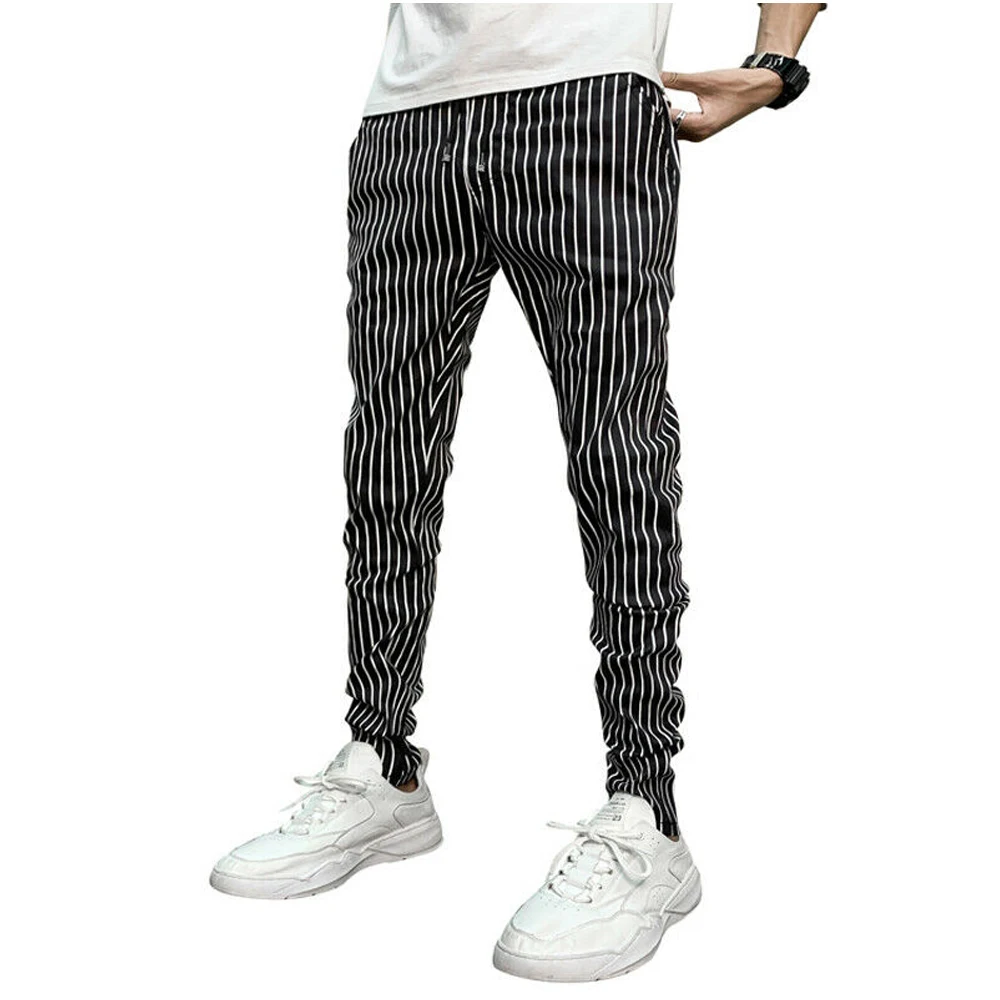 Горячая мода мужские повседневные полосатые длинные брюки мужские черные белые полосы обтягивающие шаровары брюки джоггеры облегающие повседневные брюки