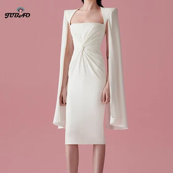 

luxury white midi dress square neck long Flare Sleeve tunic pleated dinner cocktail designer bodycon dresses runway korean style