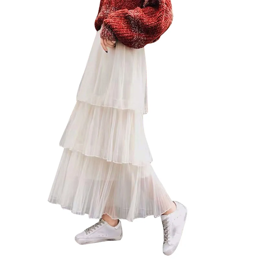 multi-layer pleated mesh skrit Cake skirt Fashion Womens Solid Mesh Fold Casual Ruffles Pleated Korean Style Sweet Skirt