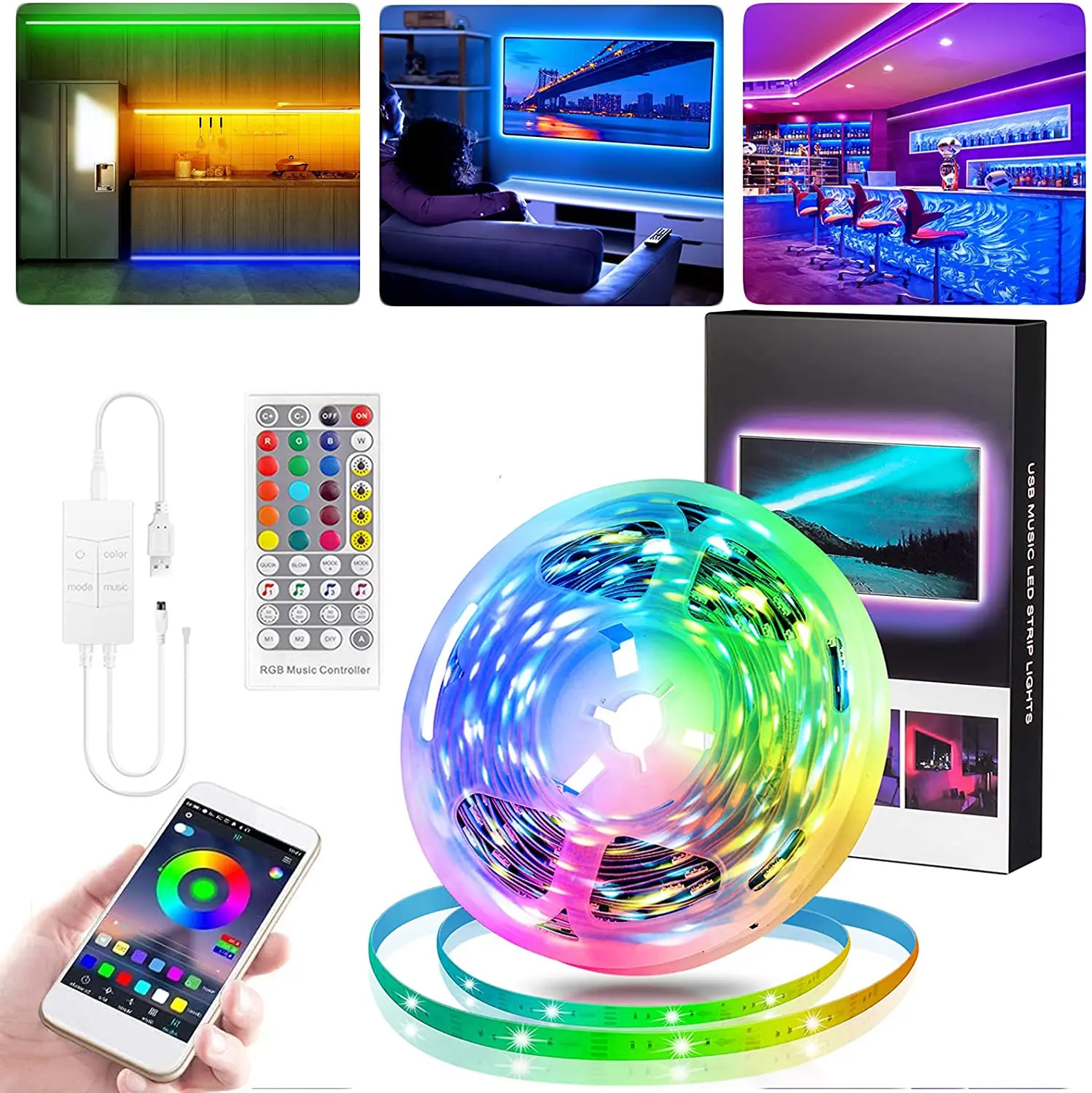 LED Strips 5M USB Powered RGB 5050 SMD Flexible Ribbon DC5V TV Backlight with App Control Sync To Music