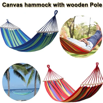 

Cotton Fabric Canvas Travel Hammocks Ultralight Camping Hammock Portable Beach Swing Bed with Hardwood Spreader Outdoor Indoor