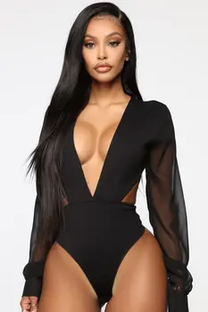 

2019 Women Lace Bodysuit Sexy Deep V-Neck Flare Sleeve Playsuit Romper Ladies Backless Mesh Long Sleeve Out Body Suit Overalls
