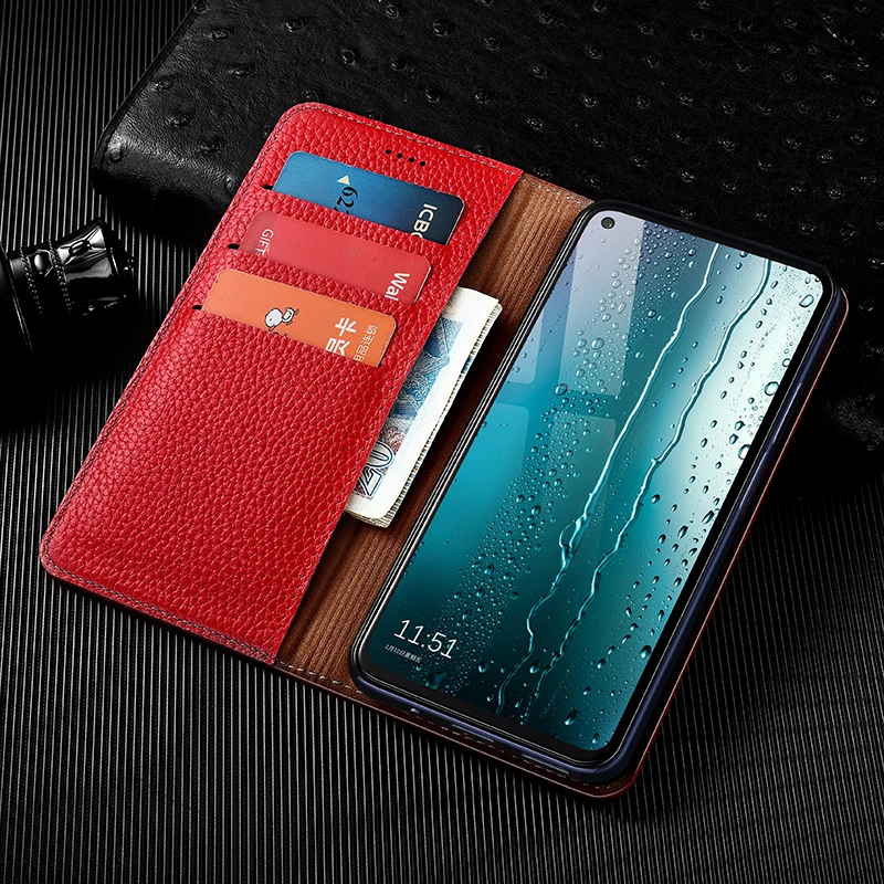 Litchi Patter Genuine Leather Magnetic Flip Cover For XiaoMi Redmi Note 4 4X 5 6 7 8 8T 9 9S 10 Pro Case Luxury Wallet