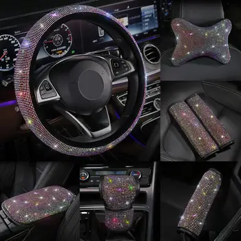 

Shining Rhinestones Crystal Car Steering Wheel Cover Gear Shift Cover PU Leather Steering-wheel covers Auto Accessories Case