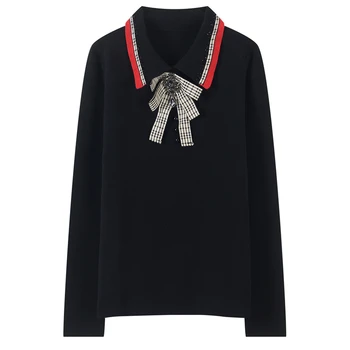 

Runway Long Sleeve Knitted Sweater Women Tops Autumn Bow Patchwork Sweater Striped Winter Pullovers Top Ladies Jumper Pull Femme
