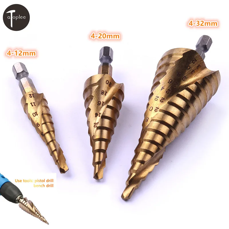 1 шт. титановый 4-12 мм/4-20 мм/4-32 мм HSS шестигранный хвостовик спиральный паз Шаг сверло отверстие резак Дерево Конус сверлильная пила Мощность дрель