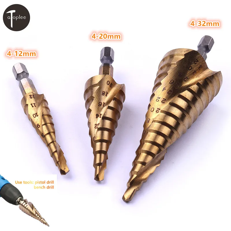 

1PC Titanium 4-12mm/4-20mm/4-32mm HSS Hex Shank Spiral Groove Step Drill Bit Hole Cutter Wood Cone Drilling Saw Power Drill