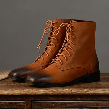

Fashion Women Short Boots Genuine Leather Lace Up Ladies Ankle Boots Handmade Soft Leather Autumn Basic Shoes Woman 2020 Autumn