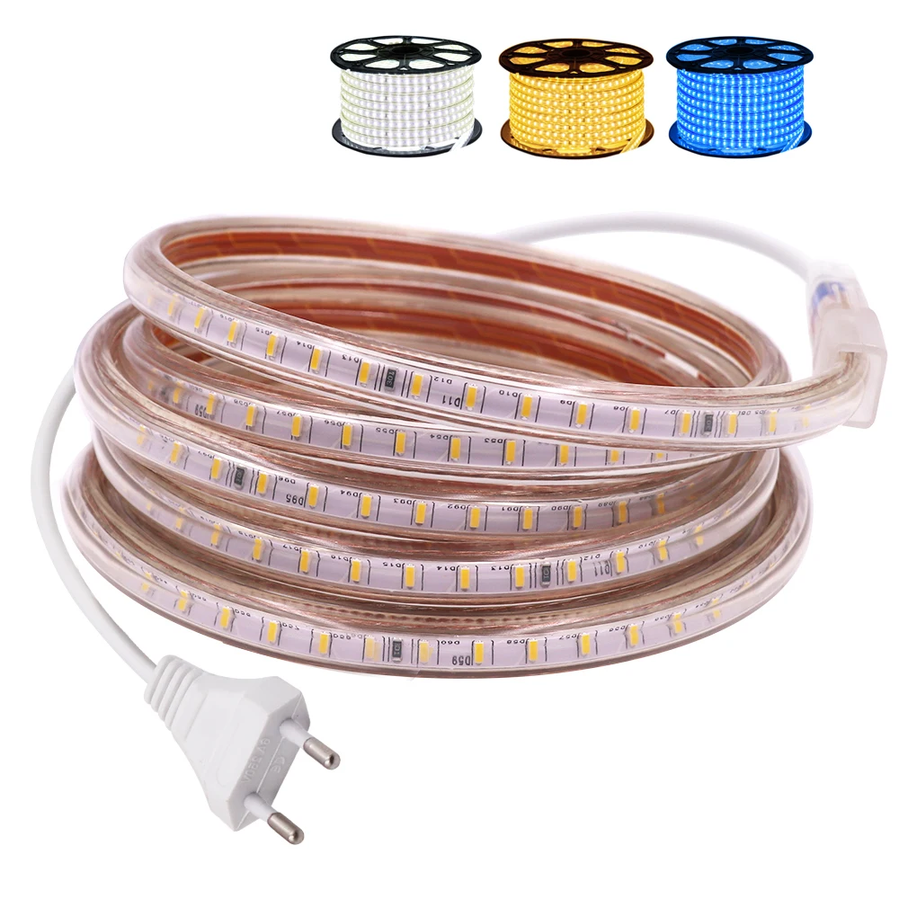 

led strip 220V 3014 SMD 120leds/m waterproof flexible tape light Warm white 1m 5m 10m 20m 25m 50m 100m Power plug