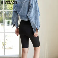 BIVIGAOS Spring Summer Elastic Sharkskin Knee Short Biker Shorts Women's High Waist Sexy bodybuilding Sport Shorts Black Gray 2