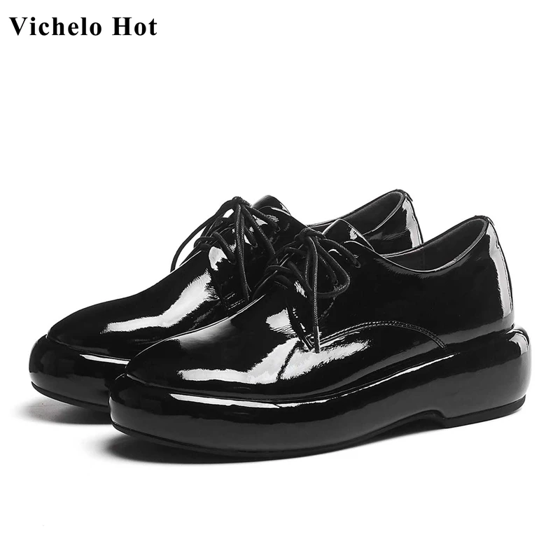 

Vichelo Hot European style thick bottom leisure genuine leather shoes round toe lace up platform solid fashion women pumps L10