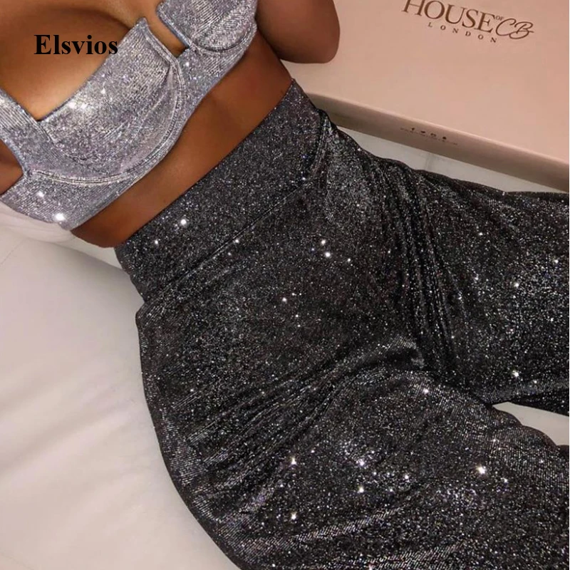 

Sexy Sleeveless Top And Long Pants 2 Piece Set Autumn Spring Women Glitter Two Suits Bright Silk Shiny Outfit Clubwear Tracksuit