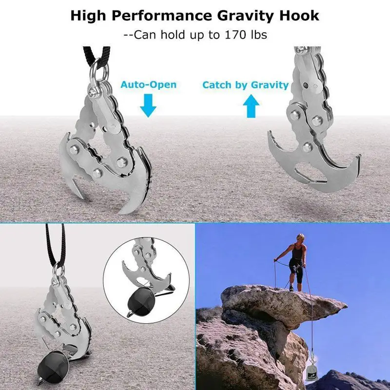 Grappling Hook,Gravity Rock Climbing Hooks Folding 4 Claws Survival Carabiner Hooks Stainless Steel Climbing Rope Survival Climb