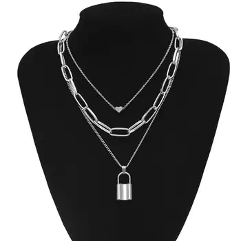 

2020 New Double layer Lock Chain necklace punk 90s link chain silver color padlock pendant necklace women fashion gothic jewelry