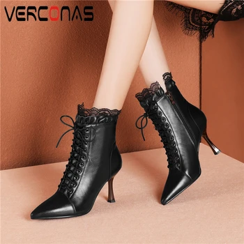 

VERCONAS High Quality New Woman Ankle Boots Autumn Winter Genuine Leather Elegant Lace Side Zipper Boots Cross-Tied Boots Woman