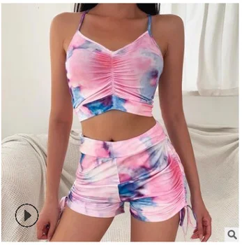 

20202 Pieces Suit Set Women’ s Tie-Dye Print V-Neck Sleeveless Crop Top and Shorts Free Shipping S/M/L