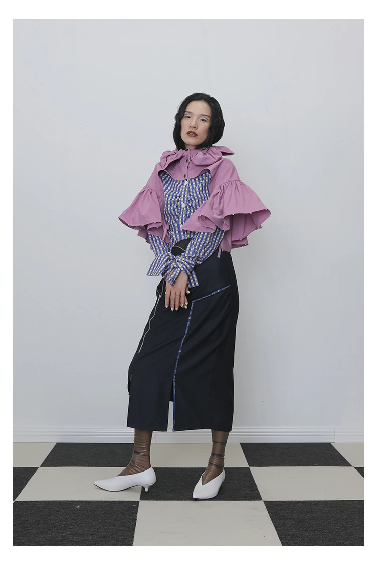 [EAM] Women Ruffles Split Joint Pleated Nailed Purple Pashmina New Long Personality Fashion Tide Autumn Winter 1H265