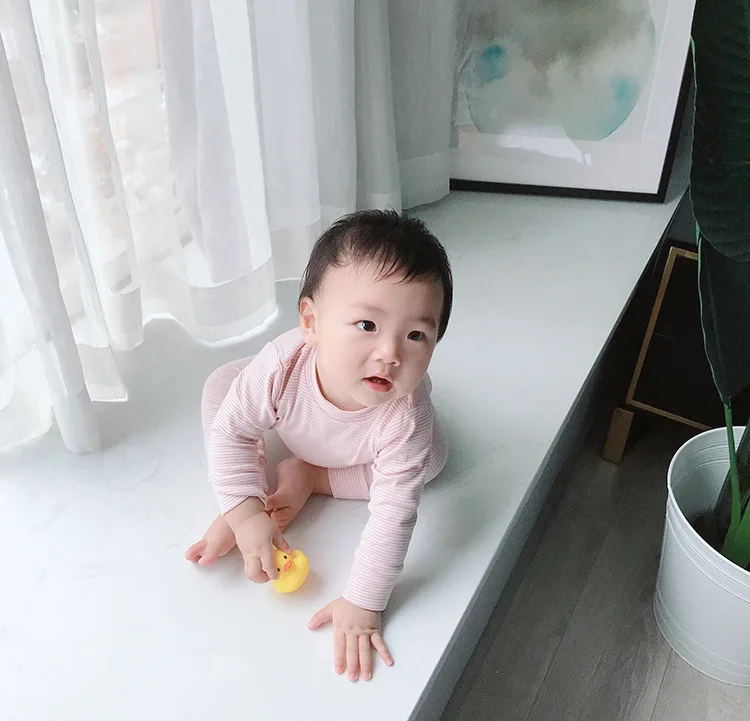 Для младенцев, для мужчин и женщин, для малышей, Хлопковая полосатая нить, весна, осень, зима, три сезона, одежда для ползания с длинными рукавами, нижнее белье, Knicke