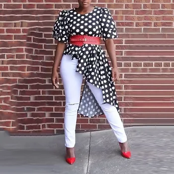 

Women Summer Asymmetrical Top Vintage Black Polka Dot Print Short Sleeve High Waist Peplum Ruffles Irregular Blouse Shirts