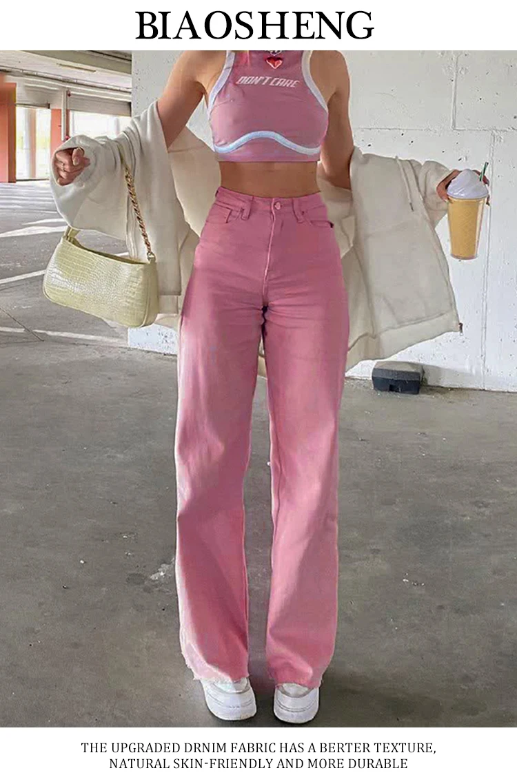 Y2K Womens High Waist Straight Leg Denim Pink Jeans Women Hot Pink  Streetwear Loose Pants For Fashionable 2022 Women T230530 From Mengyang04,  $9.2