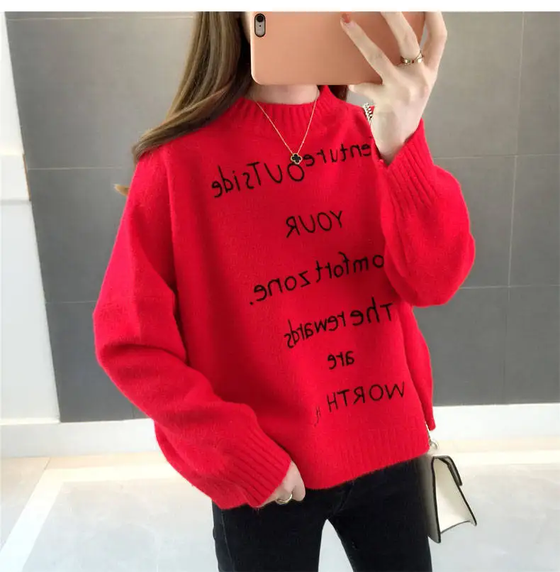 Neploe женский корейский Харадзюку свободный негабаритный свитер женский пуловер длинный рукав письмо вязаный джемпер Повседневная зимняя одежда - Цвет: red pullover