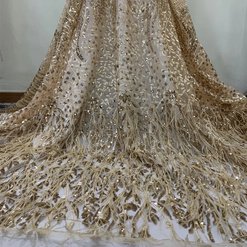 

Latest Tassels Sequins African Lace Elastic Fabrics 2019 Sequined Embroidered Nigerian Feather Tulle Lace Wedding Fabrics