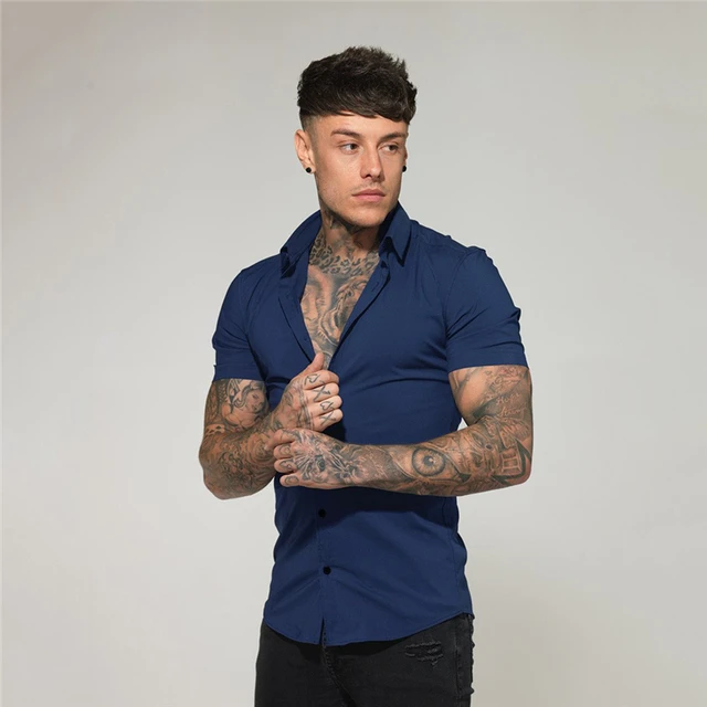 Summer Fashion Slim Fit Button Short Sleeve Shirts Men Casual Sportswear Dress Shirt Male Hipster Shirts Tops Fitness Clothing 4