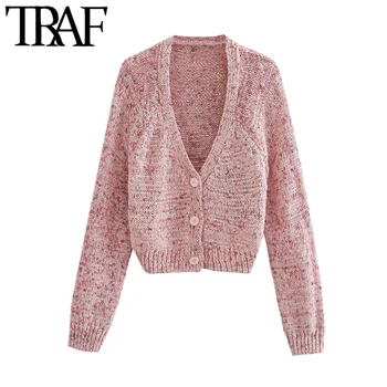 

TRAF Women Fashion With Buttons Cropped Knitted Cardigan Sweater Vintage V Neck Long Sleeve Female Outerwear Chic Tops