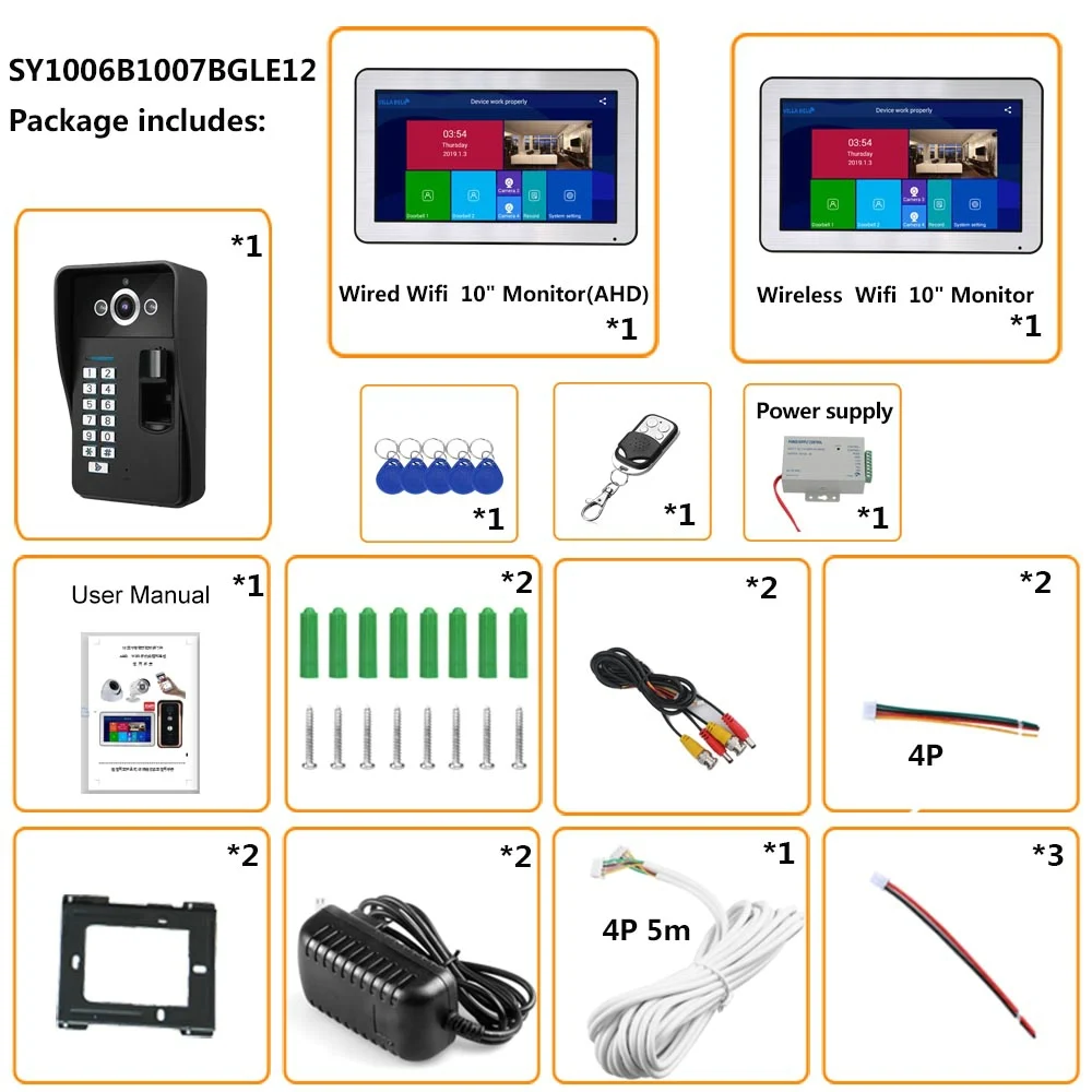 Видеодомофон 10 дюймов 1/2/3 мониторов Wi Fi сканер отпечатков пальцев RFID дверной