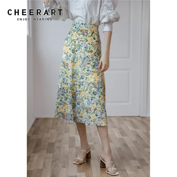 

CHEERART A Line Floral Skirt Women High Waist Midi Long Skirt Oil Painting Korean Style Print Flower Spring Skirt 2020