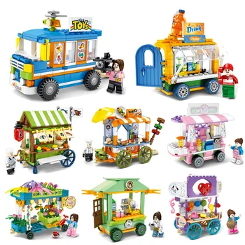 

Mini School Dining Car Model Building Blocks Ice Cream Lollipop Fresh Flowers Vehicle Set Miniature Bricks Toys Children Girl