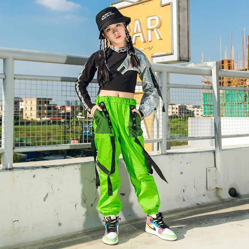 子供ストリートダンス衣装の子供たちのキャットウォークショーファッション服ジャズヒップホップダンスシルバースリーブグリーンパンツdwy4732