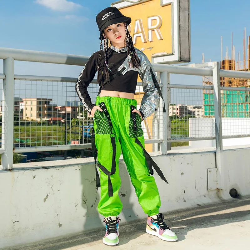 子供ストリートダンス衣装の子供たちのキャットウォークショーファッション服ジャズヒップホップダンスシルバースリーブグリーンパンツdwy4732 Aliexpress ノベルティ 特殊用途