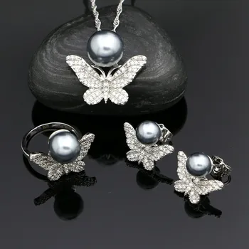 

925 Sterling Silver Jewelry Sets Grey Pearl Beads White Cubic Zirconia For Women Accessories Earrings Pendant Necklace Ring