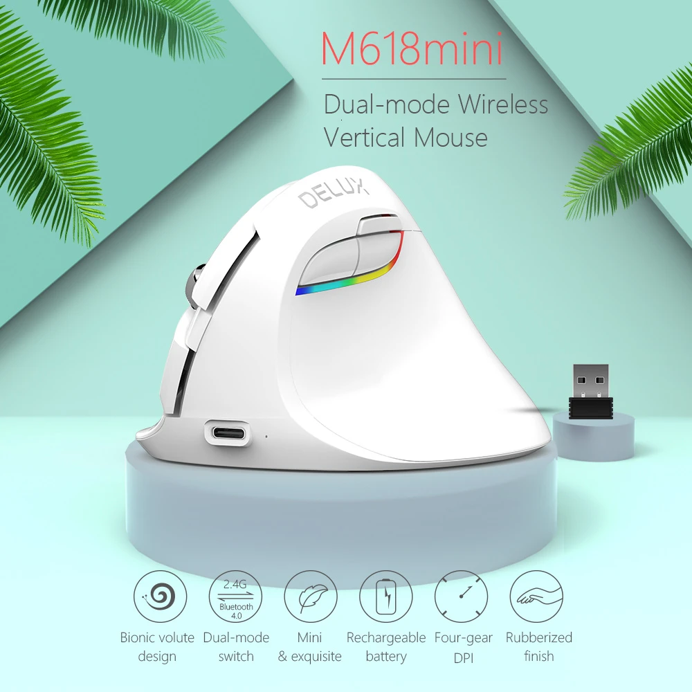 Delux M618 Mini Wireless Bluetooth Silent Vertical Computer Mouse 2400 DPI 6 Buttons Gaming Optical USB 1