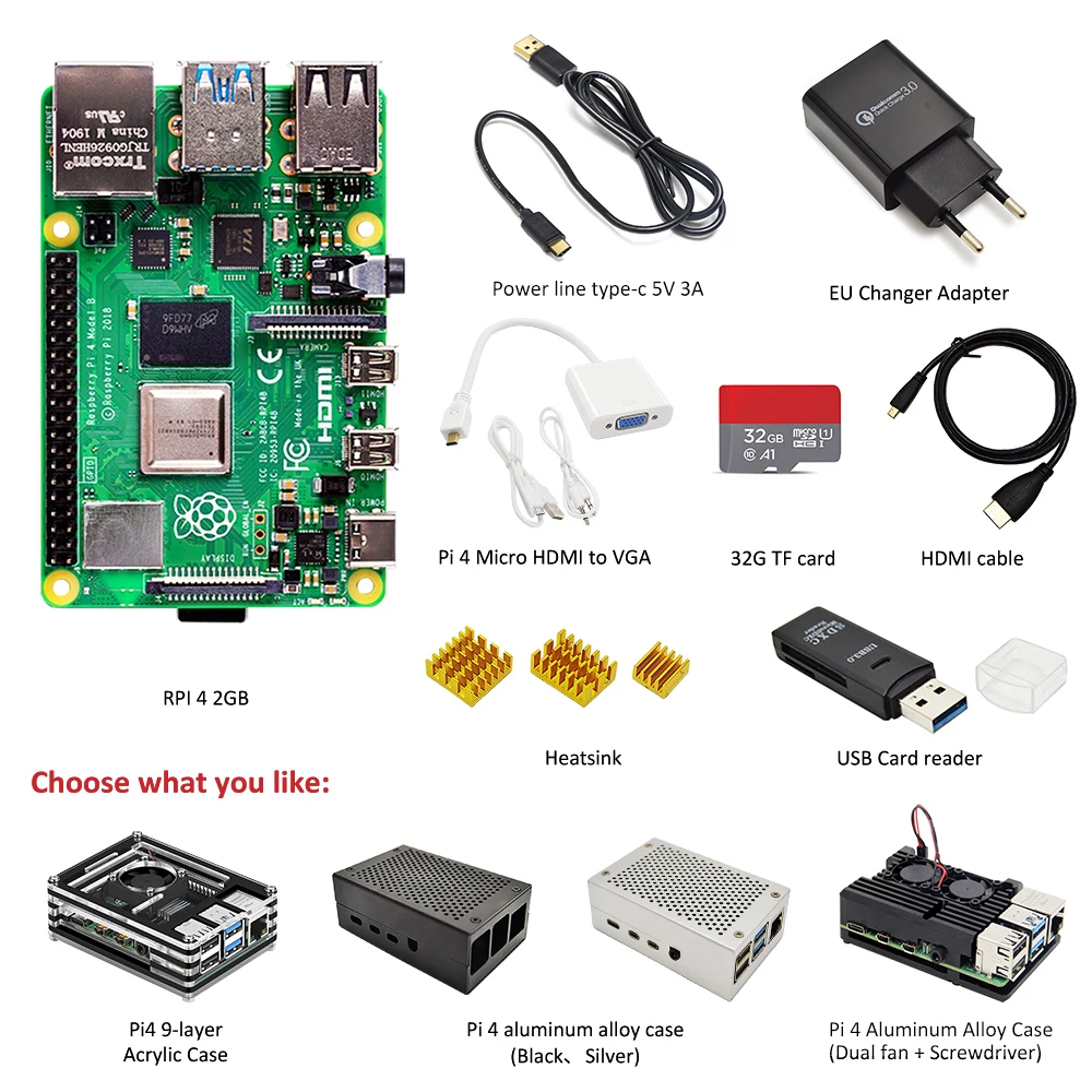 Raspberry Pi 4 Модель B 2 Гб ОЗУ Полный комплект: чехол+ адаптер питания ЕС+ линия переключения+ 32 ГБ tf-карта+ адаптер Micro hdmi-vga