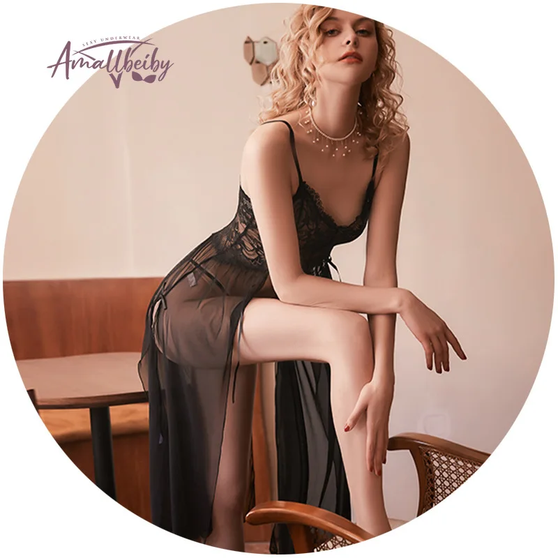 Sexy Women's Sleepwear Mesh Perspective Lace Sling Long Nightdress Thin Homewear Nightwear Sleeveless Nightgown Night Dress